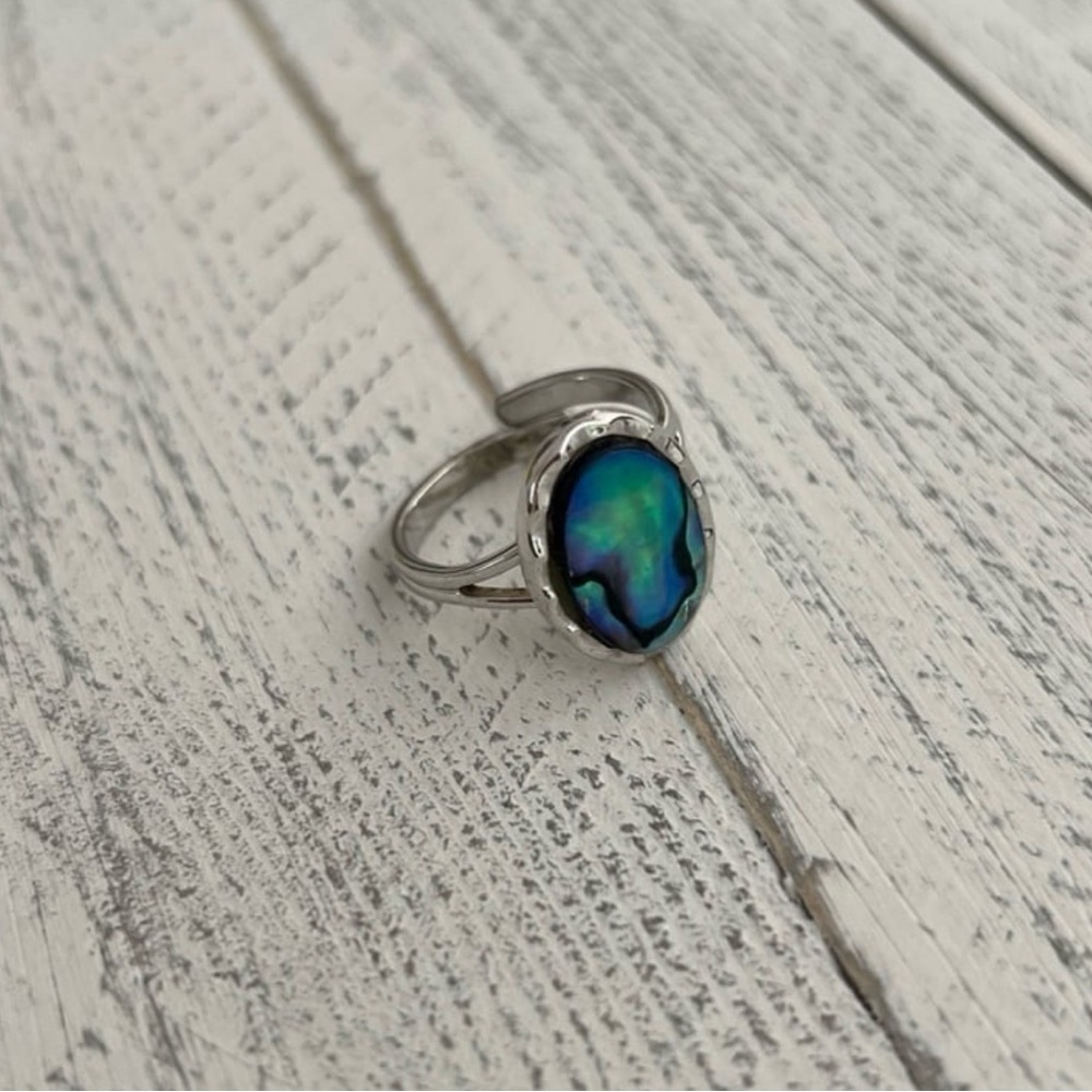 Vintage Silver plated Abalone Shell Ring, SZ 7.5
